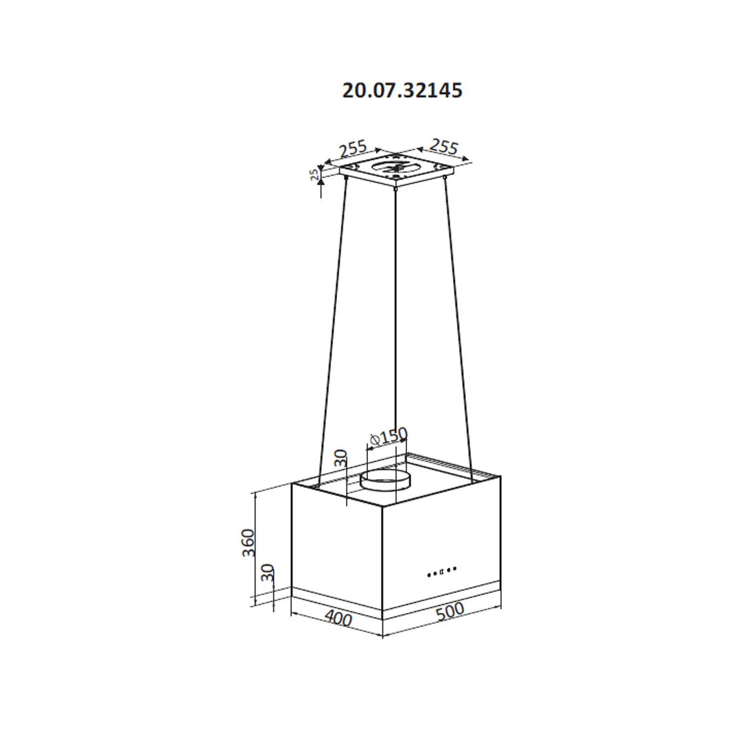 Coifa ilha Debacco Malta Vidro Preto 50cm - desenho técnico da coifa de ilha em vidro preto 50cm suspensa por cabos, dimensões e duto visível
