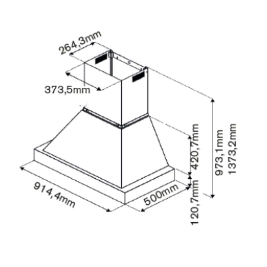 Coifa Bertazzoni Heritage de Parede Inox 91cm: desenho técnico da coifa de parede em inox piramidal com medidas e duto telescópico visível