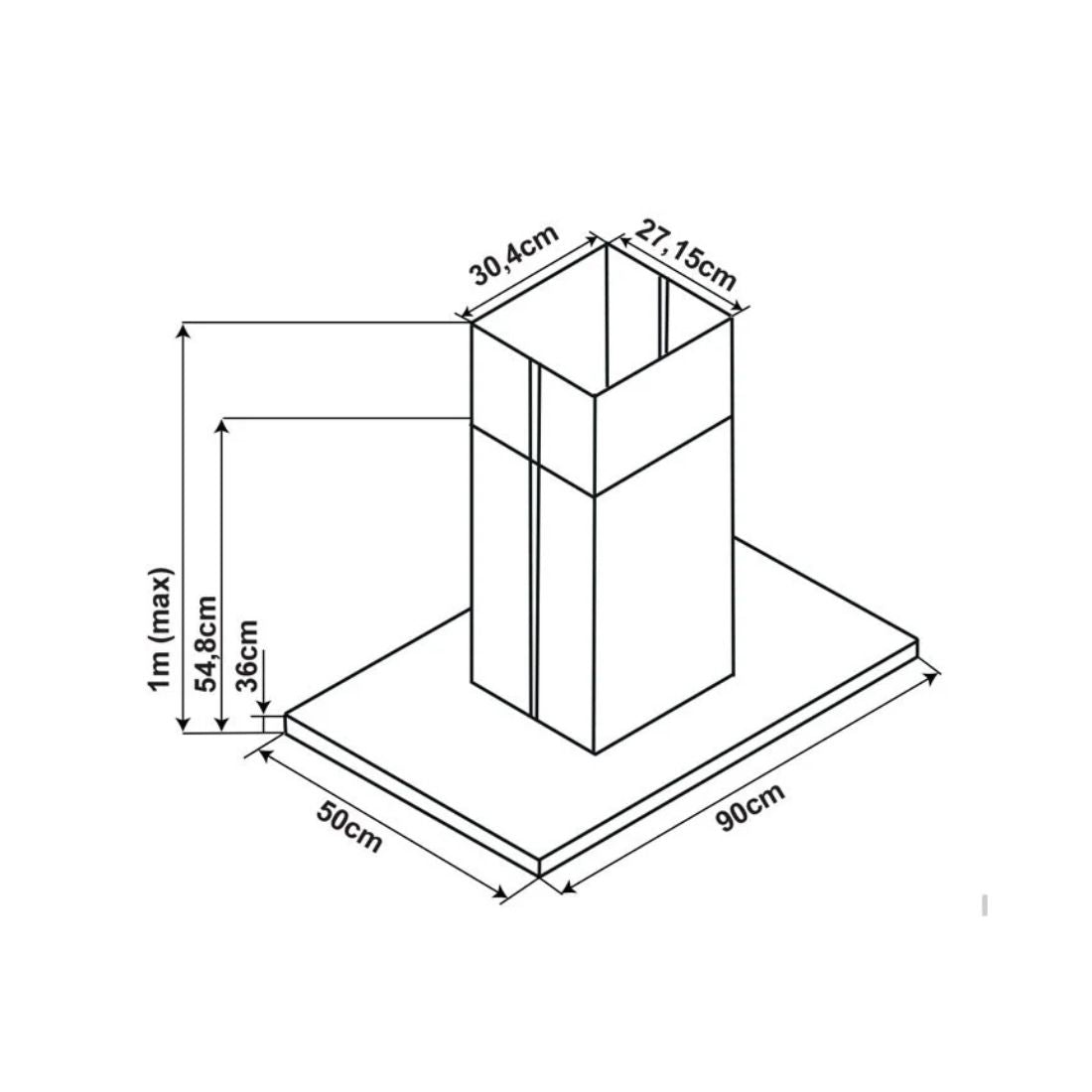 Coifa de Parede Cuisinart Arkton Inox 90cm mostrando desenho técnico em perspectiva com chaminé inox retangular e medidas
