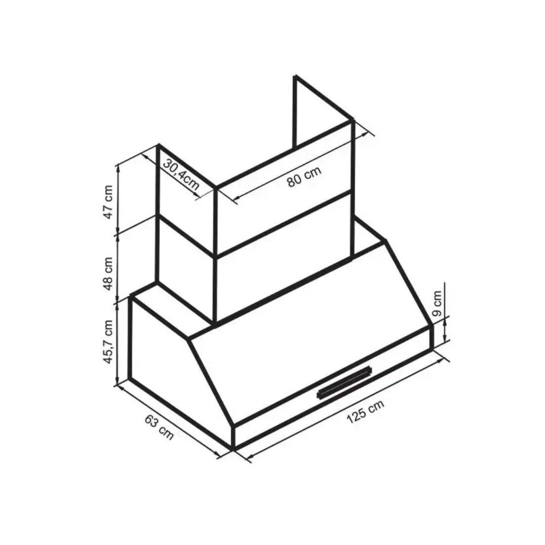 Coifa Evol Alpha para Churrasqueira Inox 125cm 2 Motores - desenho técnico da coifa de parede em inox 125cm com medidas e duto superior