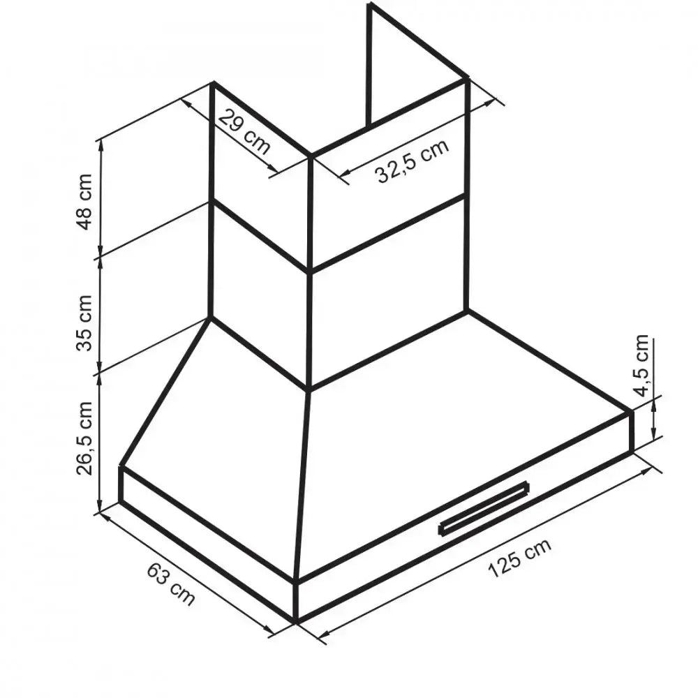 Coifa Evol Omega para Churrasqueira Inox 125cm: desenho técnico em preto e branco de coifa de parede em inox com dimensões, formato piramidal e duto superior