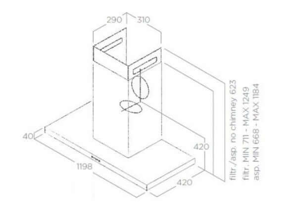 Coifa Tecno Vintage de Parede Inox 120cm — desenho técnico em inox retangular 120cm, duto e chaminé ajustável, painéis e dimensões visíveis