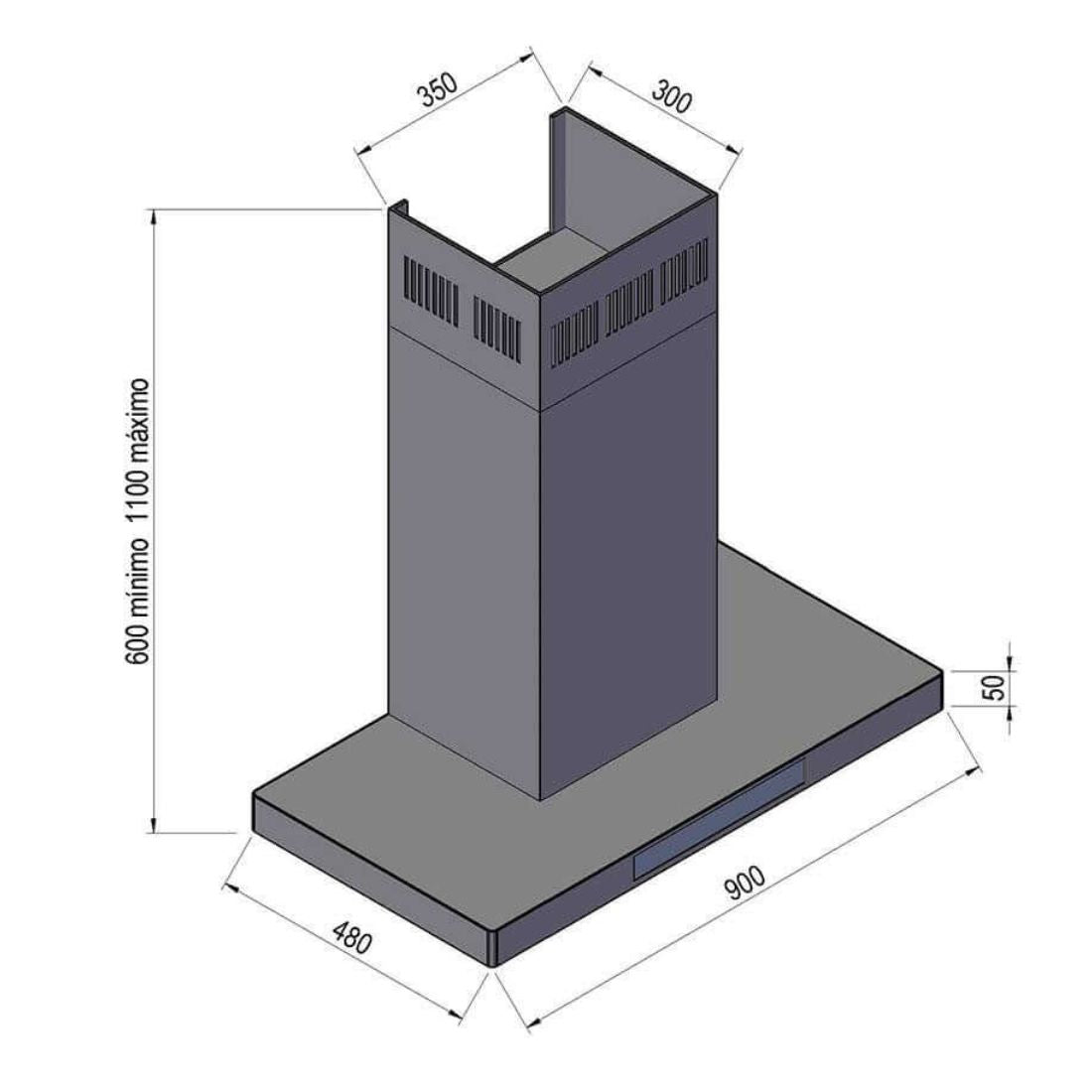 Desenho técnico da Coifa CrissAir Drito de Parede Black Matte 90cm com dimensões.