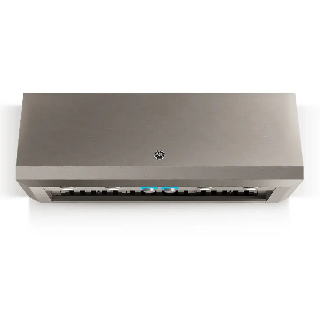 Coifa Bertazzoni Calabria Parede Inox 122cm vista superior com design em inox escovado e botões de controle.
