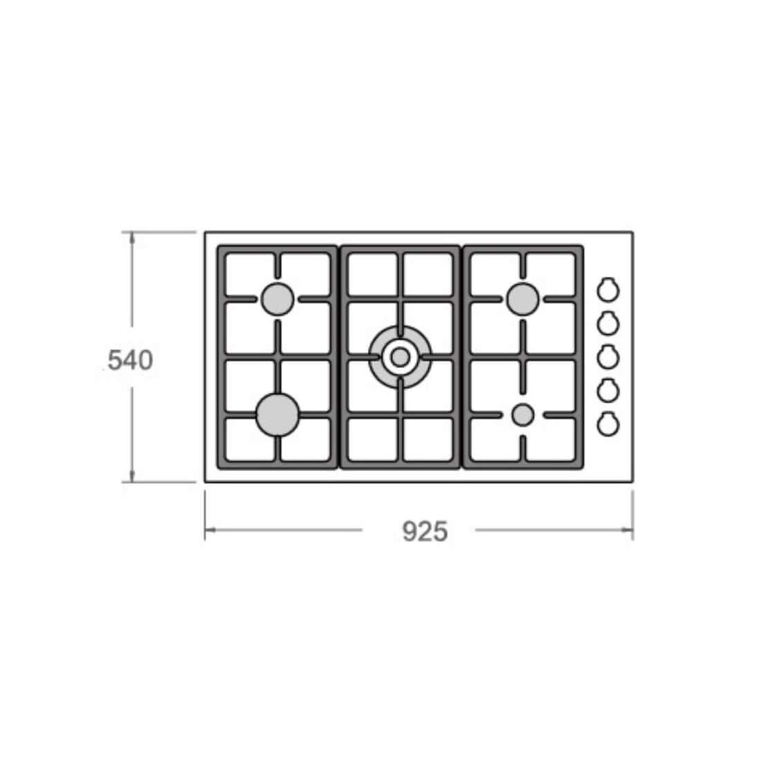 Cooktop a Gás Bertazzoni Master 5 Bocas Inox 92,5cm: diagrama técnico 5 bocas em inox com trempes de ferro e painel de comandos à direita