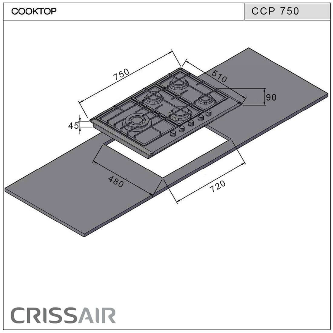 Cooktop a Gás CrissAir 5 Bocas Inox 75cm mostrando medidas de corte e instalação, mesa inox semi filo e trempes em ferro fundido