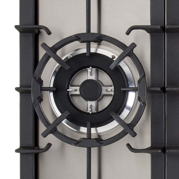 Cooktop à Gás Cuisinart 5 Bocas Inox 75cm mostrando queimador tripla-chama removível, trempes em ferro fundido e acabamento inox escovado