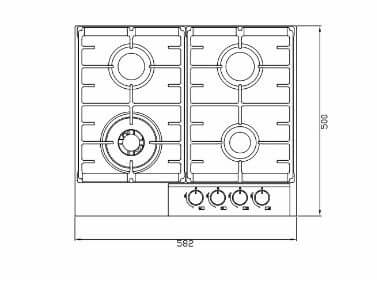 Cooktop à Gás Debacco Montreal 4 Bocas Vidro Preto 60cm visto de cima, mesa em vidro temperado preto, 4 bocas com trempes e botões frontais