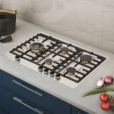 Cooktop a gás Tecno Original 5 Bocas Inox 75cm em inox com 5 queimadores Sabaf, trempes em ferro, acendimento super automático e design italiano
