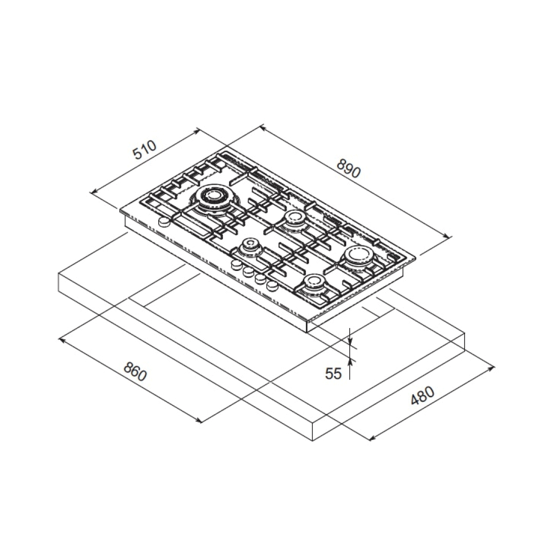 Cooktop a gás Tecno Original 5 Bocas Inox 90cm em inox, desenho técnico de embutir com medidas, trempes e posição dos queimadores