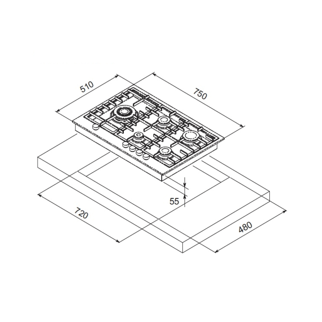 Cooktop a gás Tecno Professional 5 Bocas Inox 75cm em inox com 5 bocas, mesa filotop, trempes em ferro e medidas de embutir