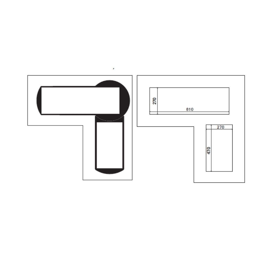 Cooktop a Gás Tecno Rota 5 Bocas Vitrocerâmico 151cm planta baixa ilustrando medidas e aplicação em bancada angular