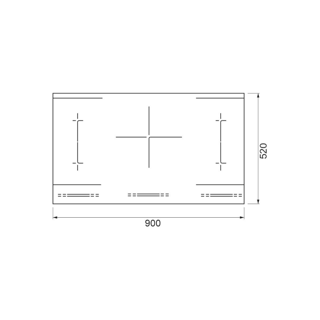 Cooktop de Indução Debacco Montreal 5 Zonas 90cm em vitrocerâmico Schott Ceran preto, desenho técnico 90x52 cm com cinco zonas de cocção