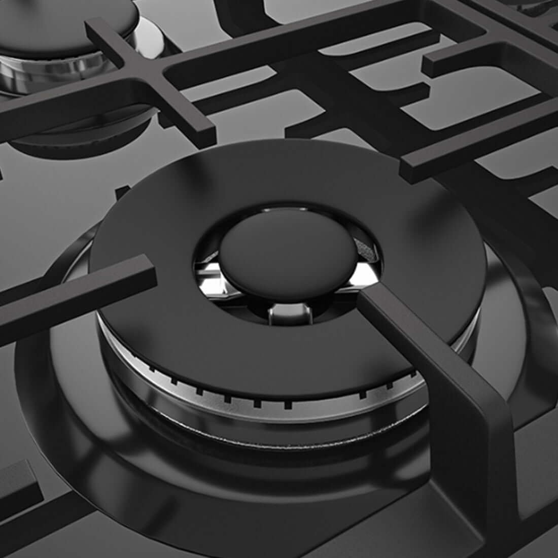 Detalhe do queimador do Cooktop Debacco Montreal em vidro preto, destacando a elegância e desempenho do produto.