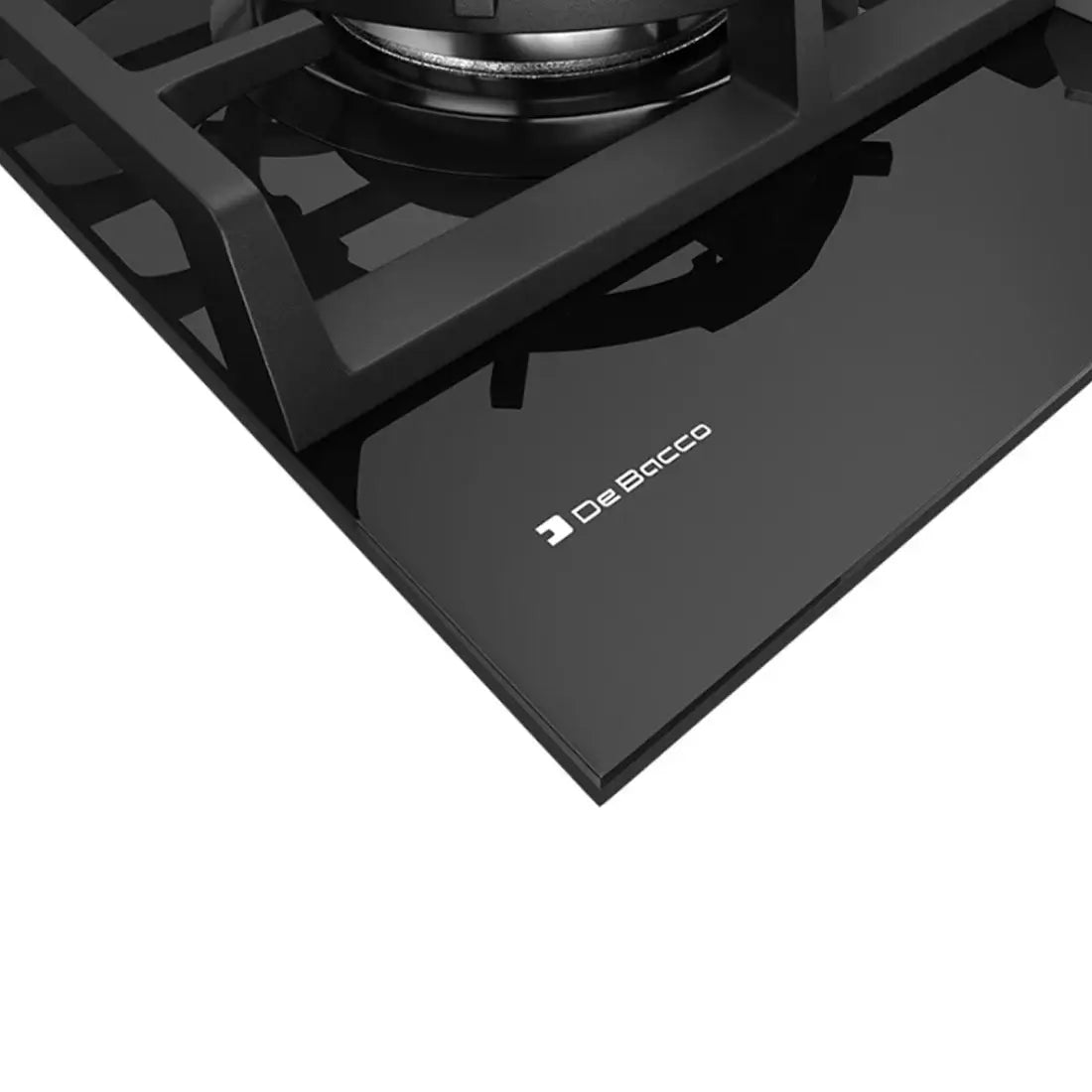 Detalhe do Cooktop De Bacco Montreal a Gás 4 Bocas em vidro preto, evidenciando design moderno e queimador potente.