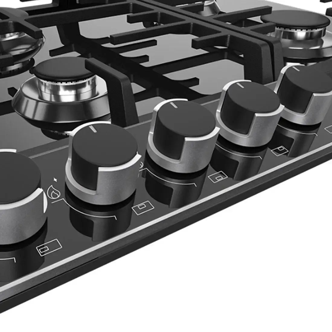 Close-up dos botões de controle e queimadores do Cooktop Debacco Montreal a Gás 90cm em vidro preto.