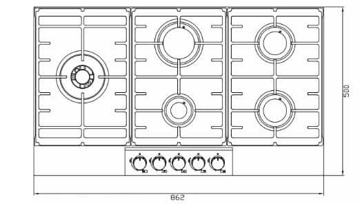 Desenho técnico do Cooktop Debacco Montreal a Gás 5 Bocas, dimensões e layout.