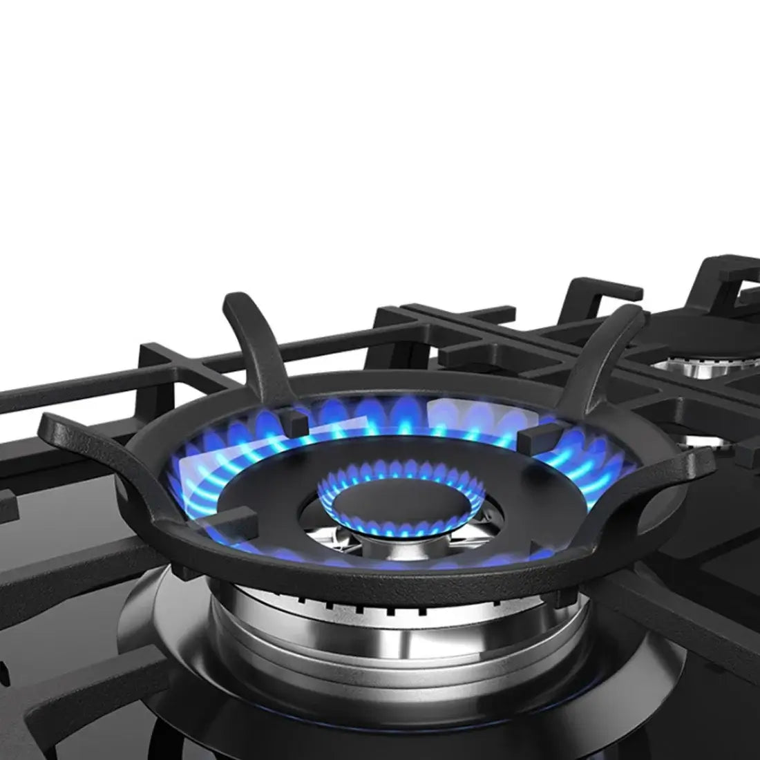 Queimador do cooktop Debacco Montreal com chama azul e estrutura de ferro fundido.