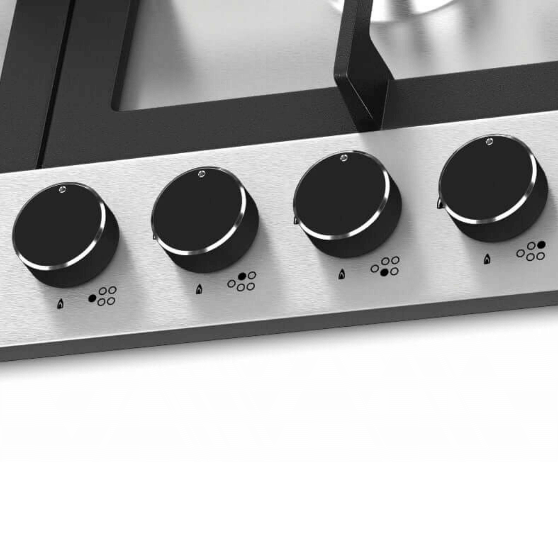 Painel de controle do cooktop a gás Debacco Zurique, com 5 queimadores e botões em inox.