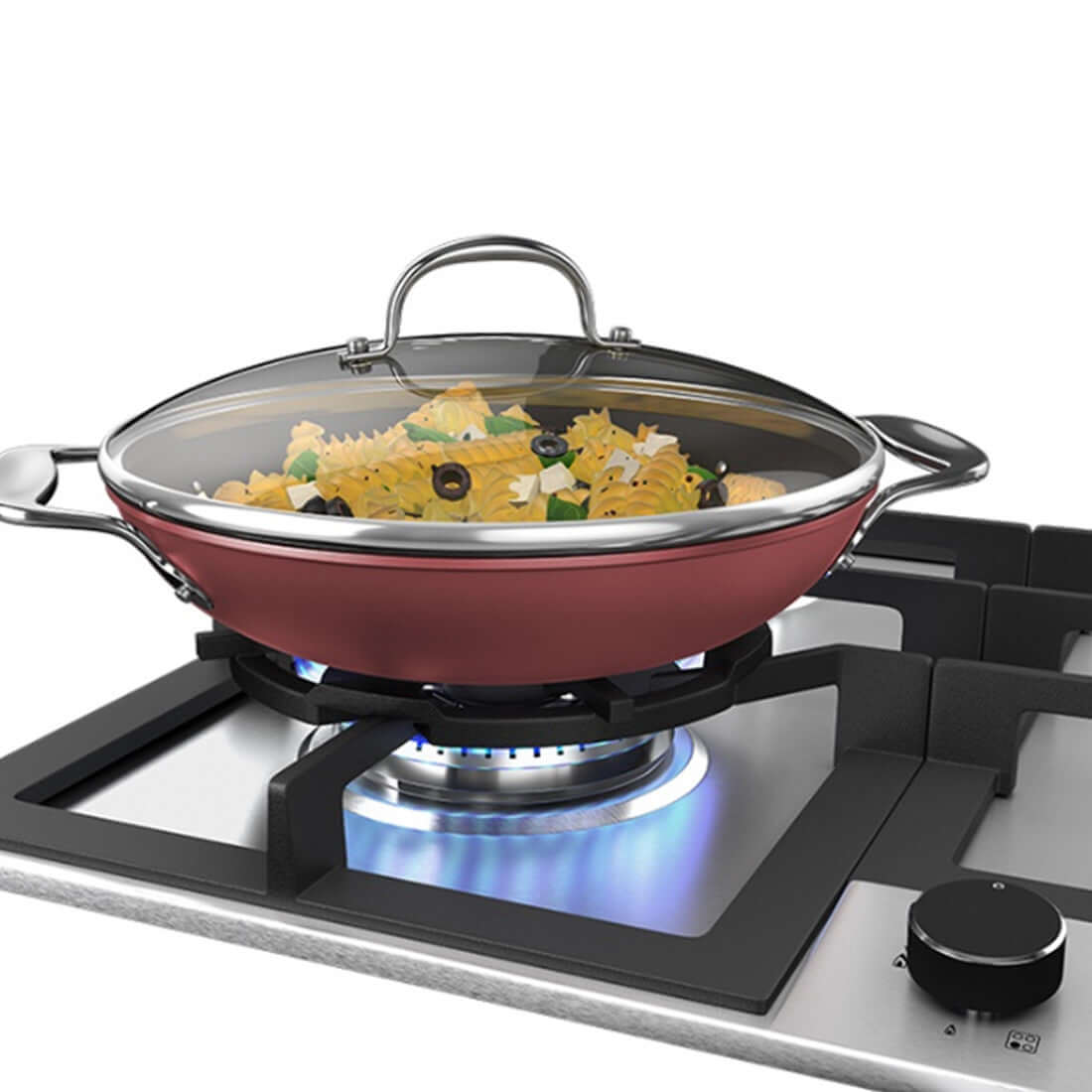 Panela de macarrão colorida cozinhando no cooktop a gás Debacco Zurique de 4 bocas.