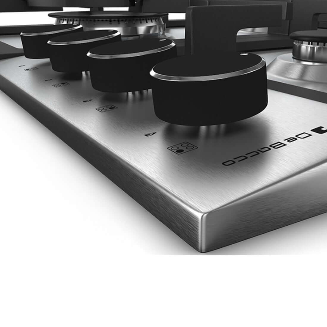 Cooktop a gás Debacco Zurique, inox com 4 queimadores e detalhes em acabamento preciso. Ideal para cozinha semiprofissional.