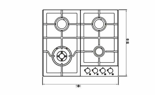 Diagrama do cooktop a gás Debacco Zurique 4 bocas Inox 60cm com medidas 580x510mm.