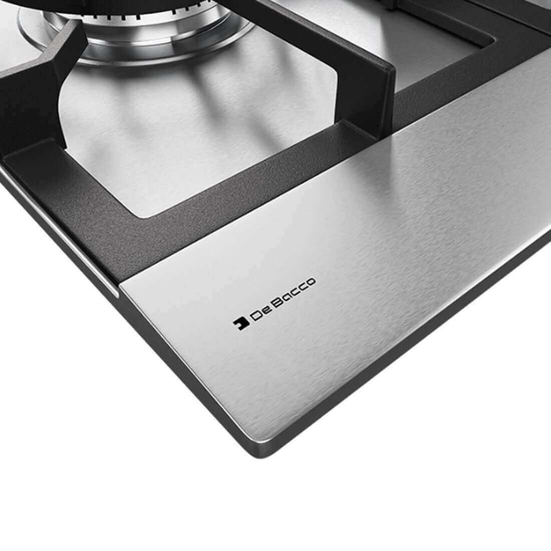 Detalhe do cooktop a gás Debacco Zurique, 4 bocas, inox, com design moderno e acabamento de alta qualidade.