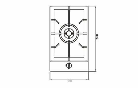 Esquema do cooktop Debacco Zurique Dominó a Gás 1 Boca, dimensões 30cm x 51cm, ideal para espaço gourmet.