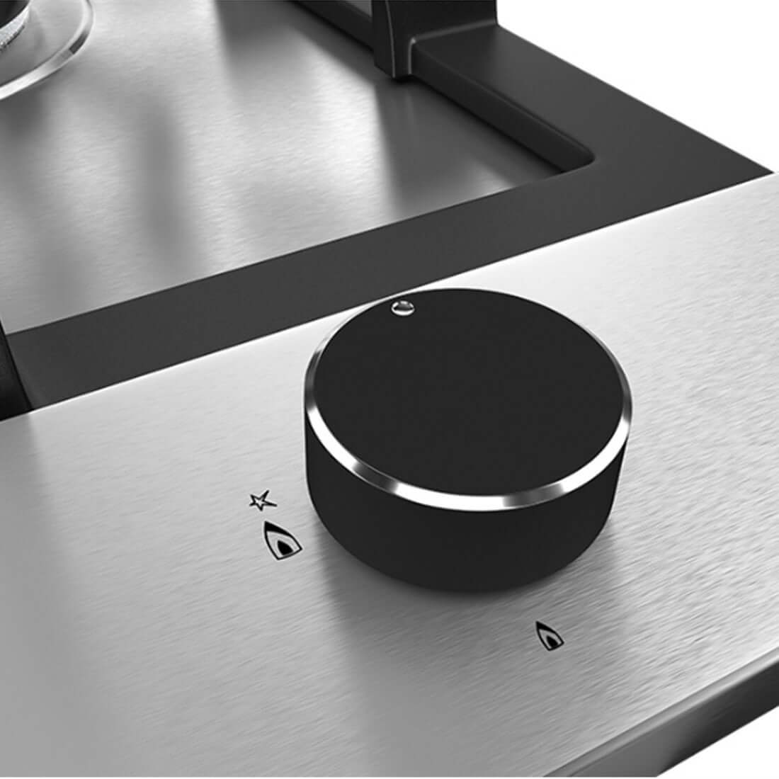 Botão de controle preto do cooktop a gás Debacco Zurique, com design moderno em inox.
