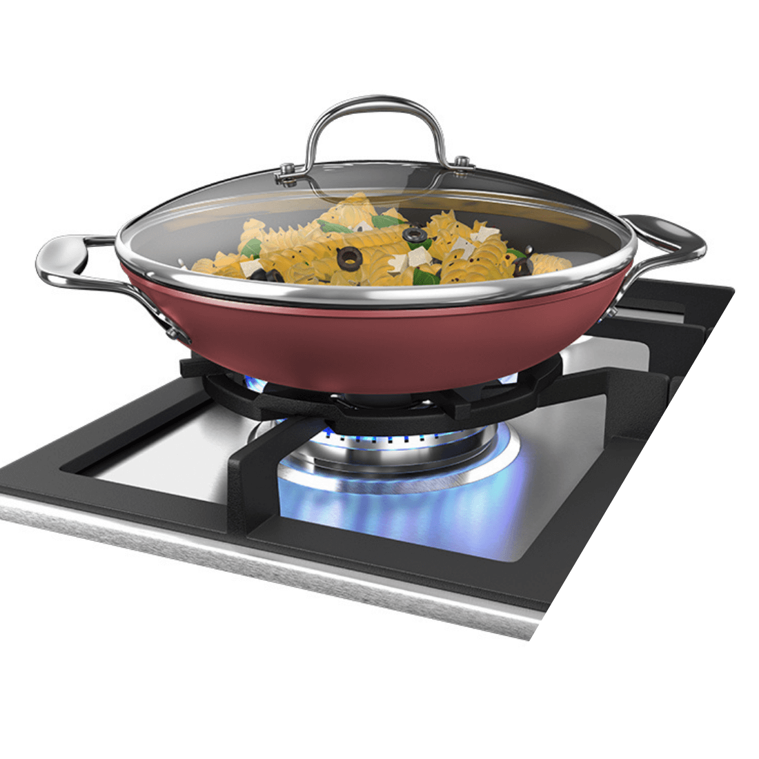 Panel de cozinha sobre o cooktop, com macarrão e azeitonas, em fogo aceso, ideal para preparo de refeições.