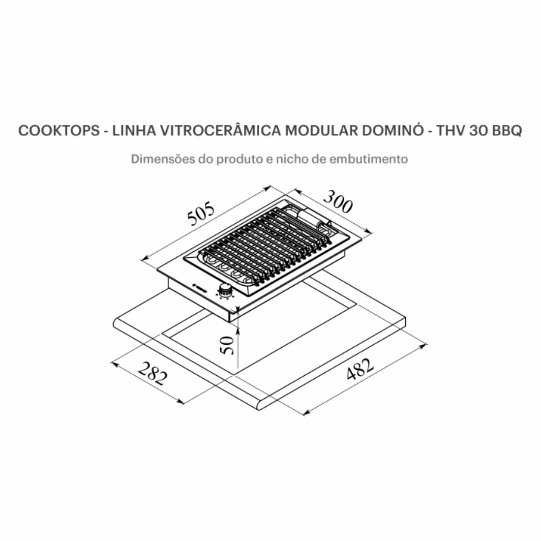 Cooktop Dominó Barbecue Elétrico Tecno 30cm — cooktop elétrico italiano vitrocerâmico 30cm com grelha barbecue, moldura cromada e trempes de ferro