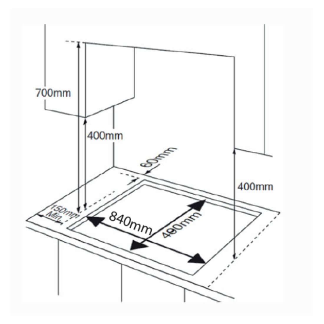 Cooktop Evol a Gás 5 Bocas Inox 90cm - desenho técnico com medidas de corte 840x490mm e distância de segurança 400mm