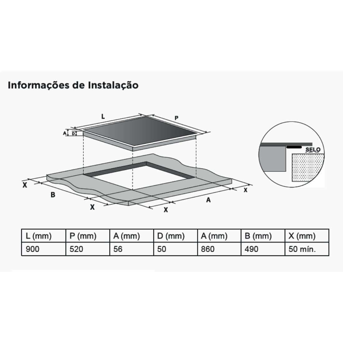 Cooktop Evol Indução view 5 bocas 90cm desenho técnico com dimensões de instalação L 900 P 520 A 56 D 50 B 490 X 50 mm