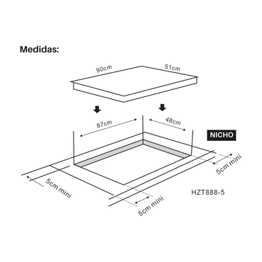 Dimensões do Cooktop à Gás Cuisinart, incluindo medidas do nicho e espaço total de instalação.
