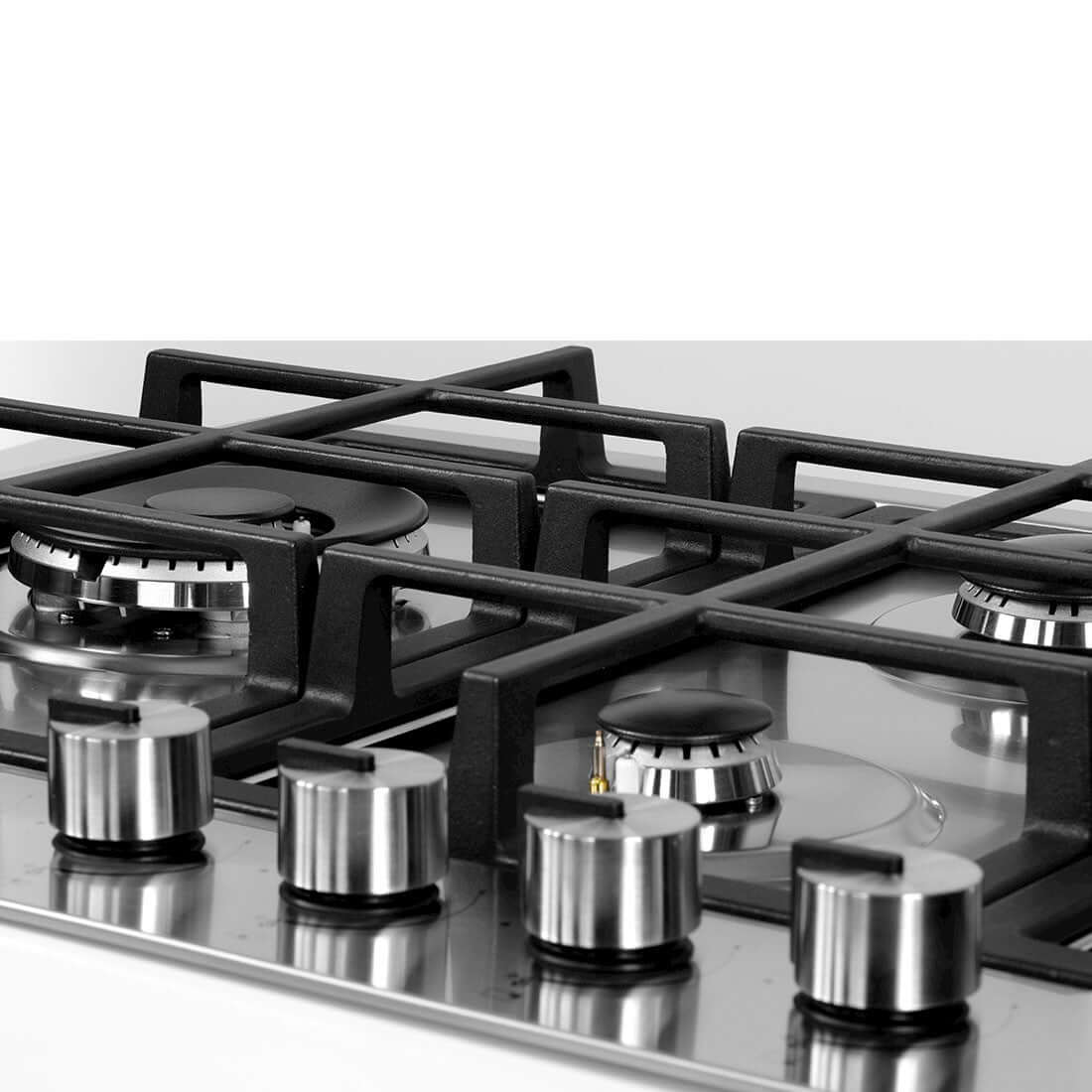 Cooktop a Gás CrissAir 5 Bocas Inox 75cm com grelhas e botões de controle em aço inox.