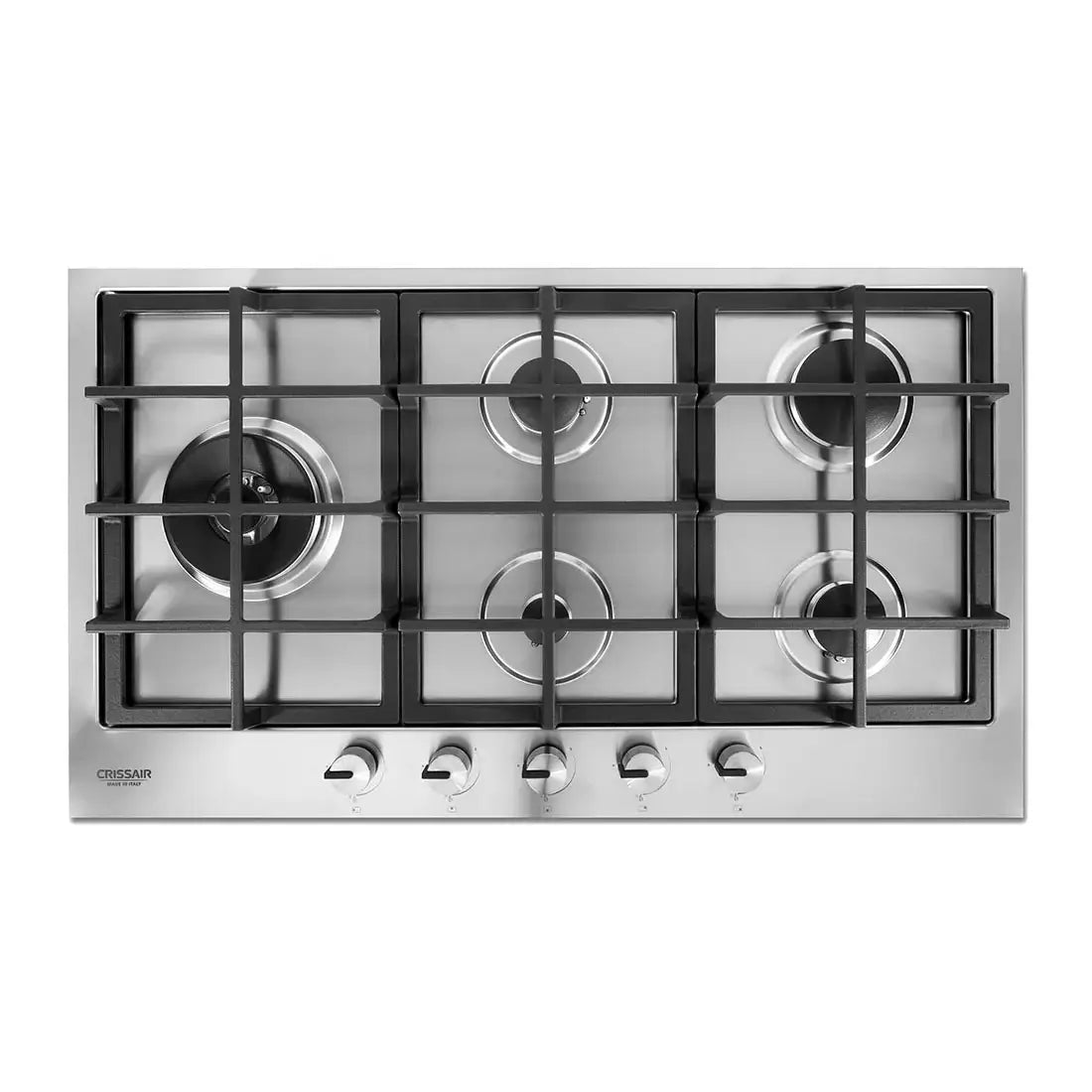 Cooktop a gás CrissAir 5 queimadores 90 cm, design elegante em inox, ideal para grandes panelas e cozinhas modernas.