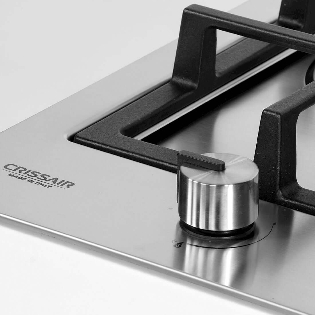 Detalhe do Cooktop Dominó a gás CrissAir 1 Boca Inox 30cm com botão de controle em aço inox.