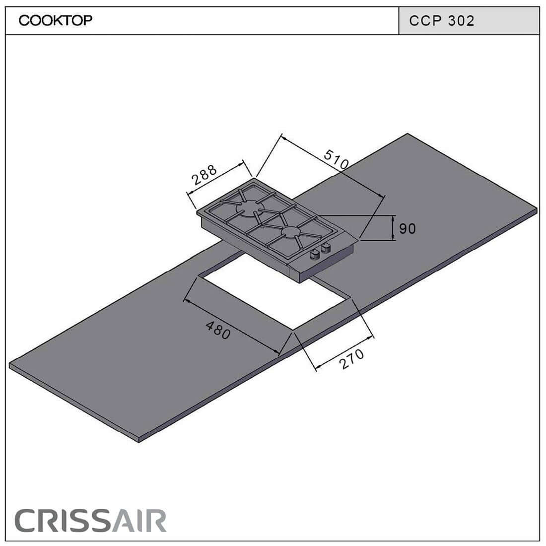 Cooktop Dominó a Gás CrissAir 2 Bocas 30cm dimensions diagram with measurements and layout.