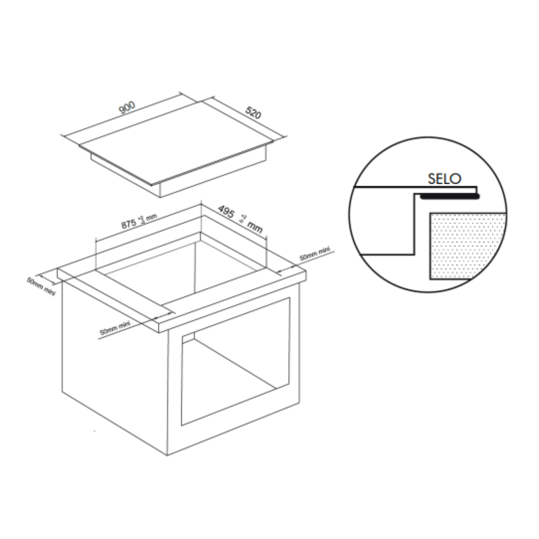 Desenho técnico do cooktop de indução elétrico Tecno, destacando dimensões e características para instalação.
