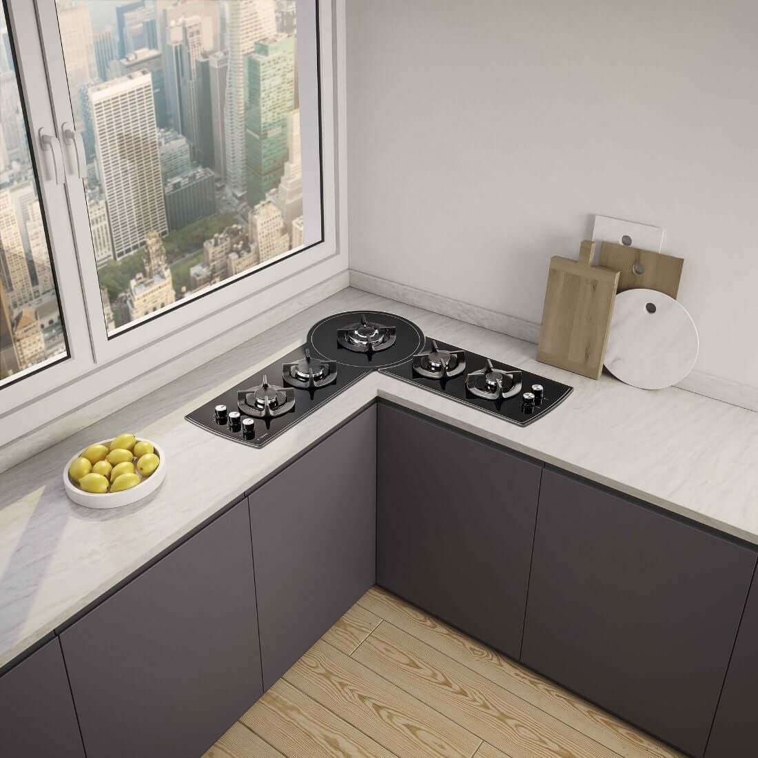 Cooktop Tecno Rota a Gás 5 Bocas em cozinha moderna com vistas de cidade, otimização de espaço.