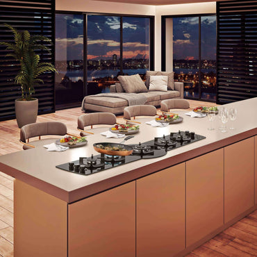 Cooktop Tecno Rota a Gás de 5 bocas em bancada moderna, ideal para cozinhas contemporâneas e espaço gourmet.