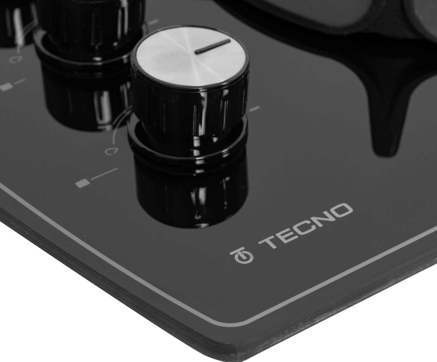Detalhe do cooktop Tecno Rota a Gás com botões de controle e design moderno em vitrocerâmico.