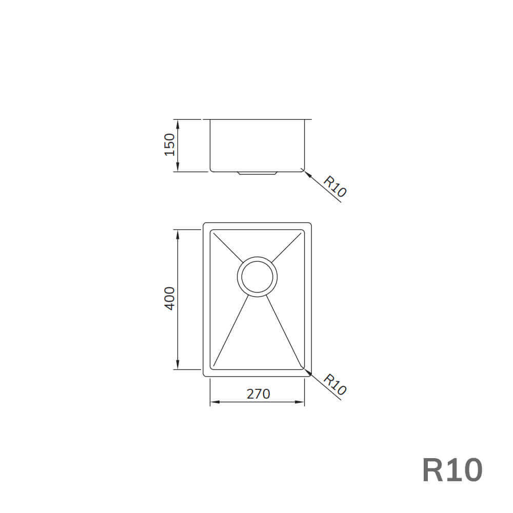 Cuba para cozinha Mekal LR Inox Escovado 27cm: desenho técnico de cuba de embutir inox escovado linha reta 270x400mm profundidade 150mm R10