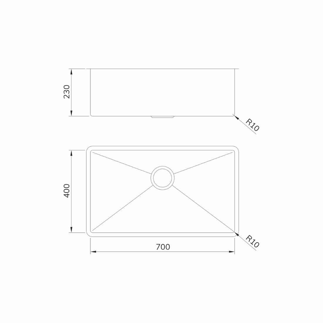 Cuba Mekal LR 70cm de embutir em inox escovado, dimensões 700x400x230mm com cantos R10
