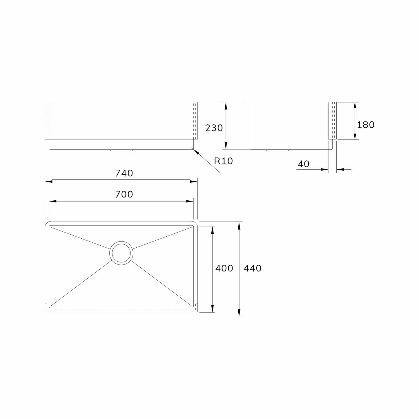 Cuba Mekal Farm Sink Inox Escovado 70cm - Cuba Mekal farmhouse de embutir inox escovado linha reta simples, profundidade e medidas técnicas visíveis