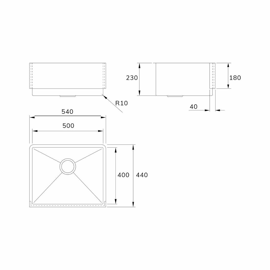Cuba Mekal Farm Sink Inox Escovado 50cm - planta técnica de cuba de embutir inox escovado quadrada 50x44cm com ralos central e cota de profundidade
