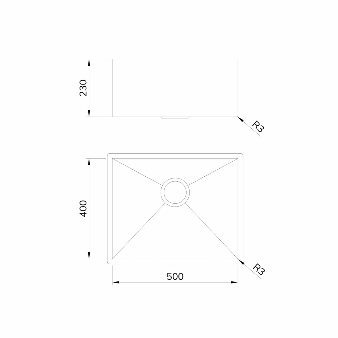 Cuba Mekal LR 50cm de embutir em inox escovado - desenho técnico com medidas 500x400x230mm e cantos R3