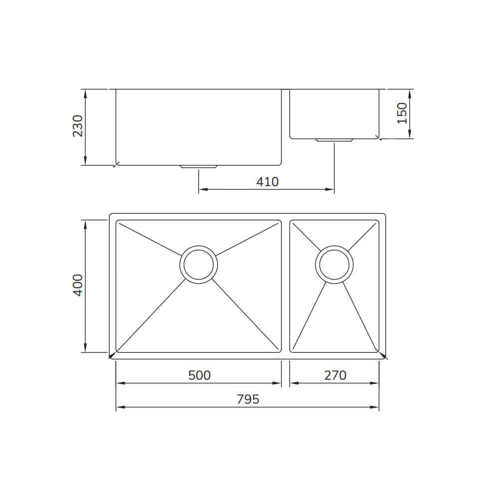 Cuba Mekal Dupla 79cm de embutir inox escovado LR5027 desenho técnico com medidas 500x270mm e profundidades 230/150mm