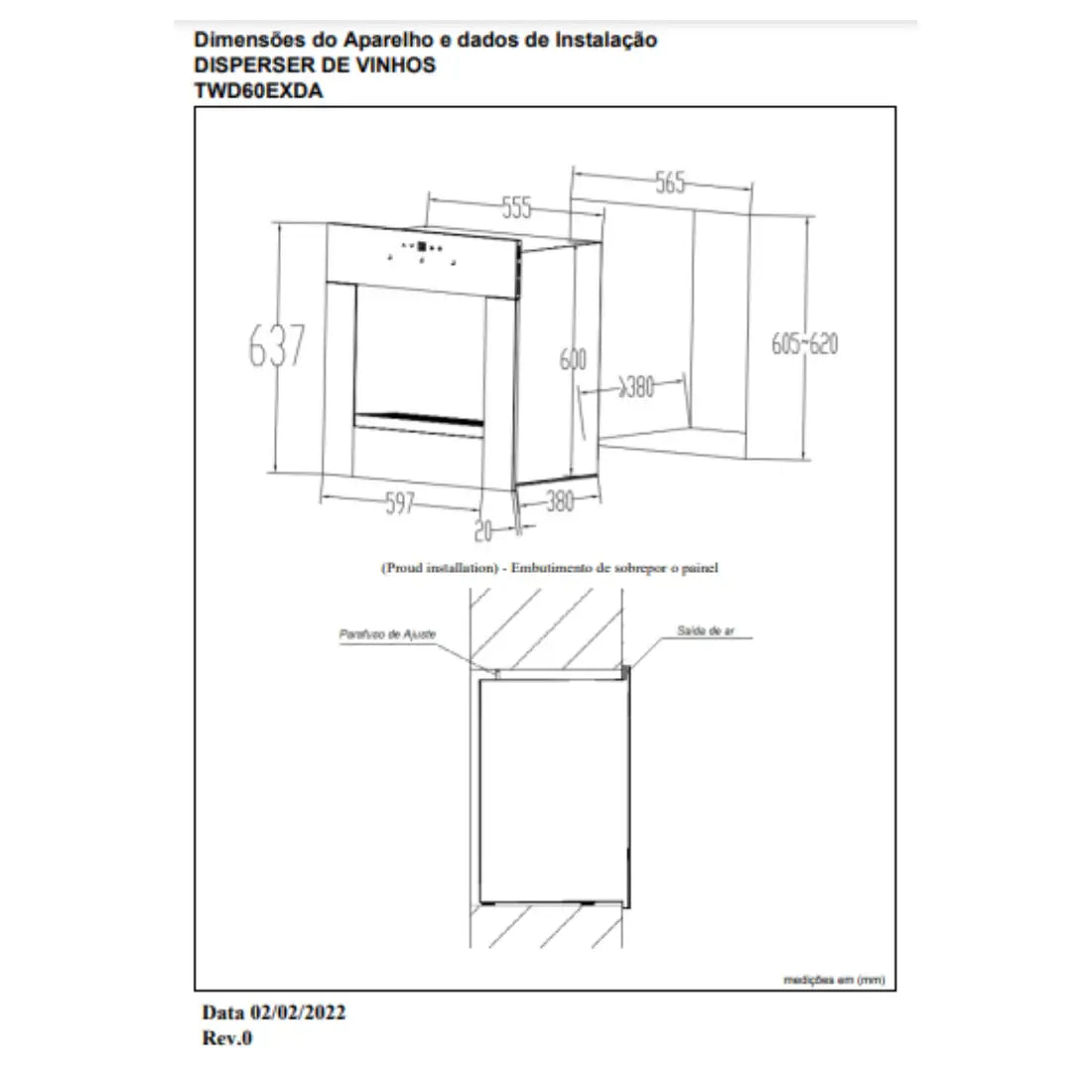 Dimensões do Dispenser de Vinhos Tecno Vintage TWD60EXDA, incluindo detalhes de instalação e painel.
