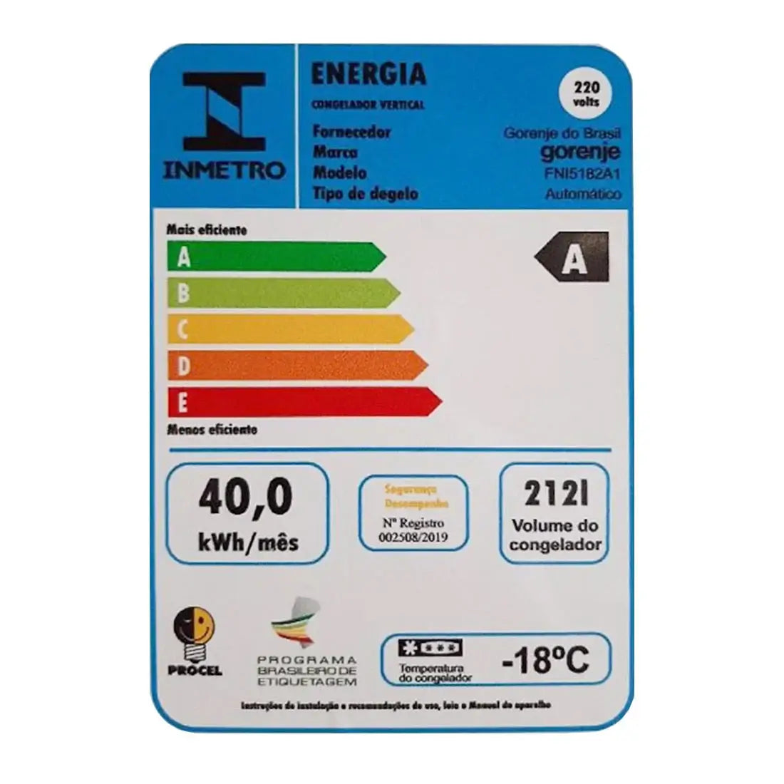 Imagem do selo de eficiência energética do Refrigerador Gorenje com classificação A, informando consumo e características.